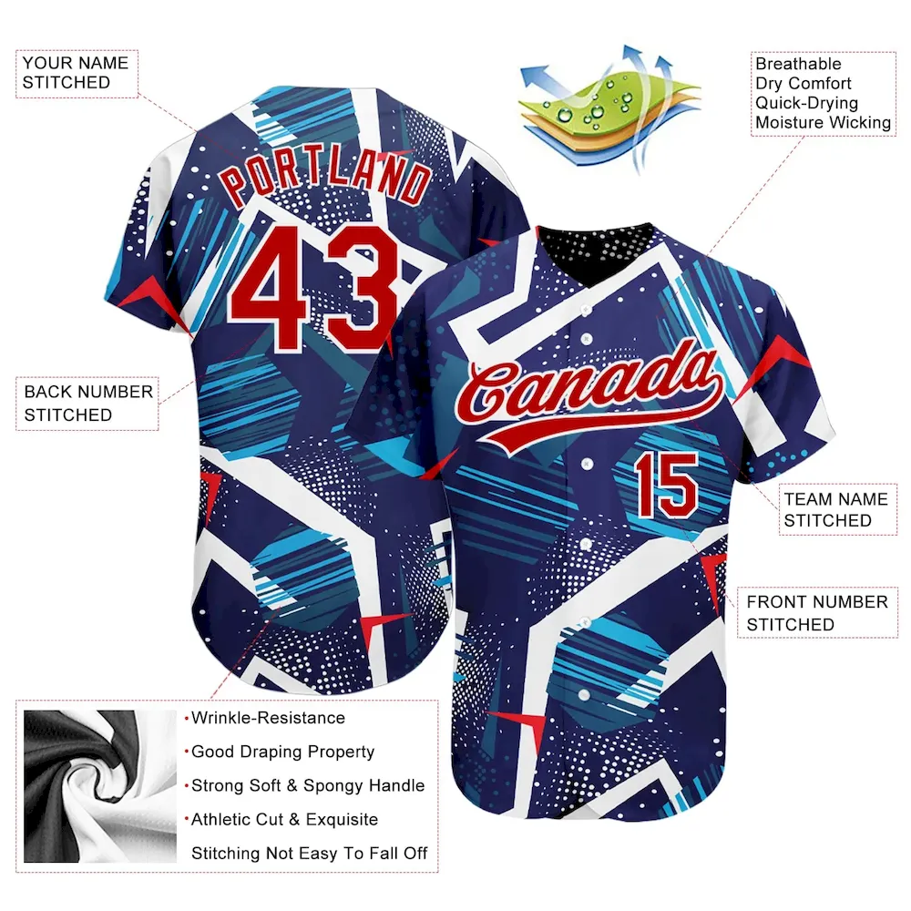 Custom Navy Red-White 3D Pattern Design Authentic Baseball Jersey - Image 3