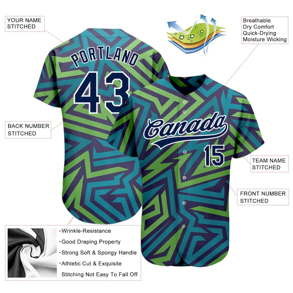 Custom Teal Navy-Kelly Green 3D Pattern Design Authentic Baseball Jersey - Image 3