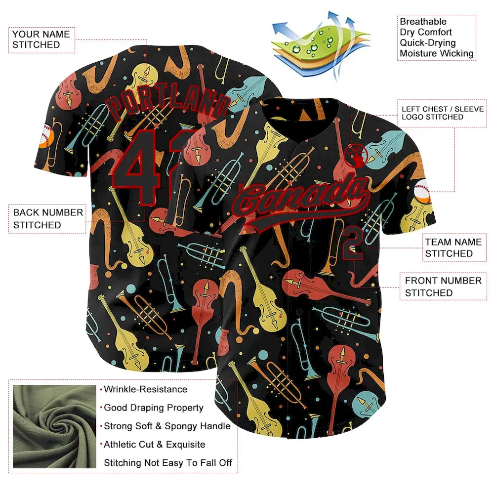 Custom Black Red 3D Pattern Design International Jazz Day Authentic Baseball Jersey - Image 3