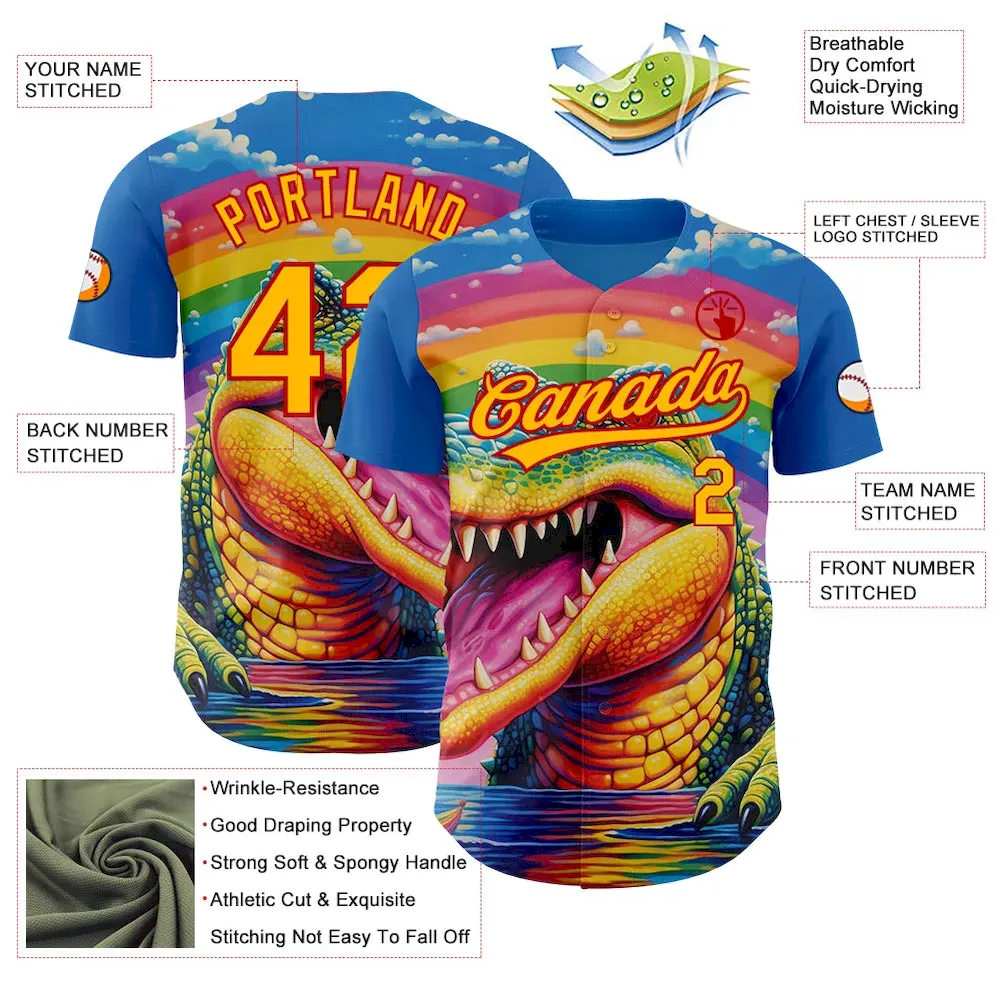 Custom Royal Gold-Red 3D Pattern Design Crocodile Authentic Baseball Jersey - Image 3