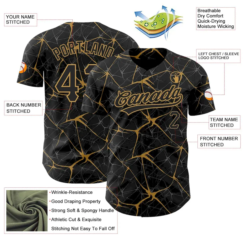 Custom Black Old Gold 3D Pattern Design Abstract Network Authentic Baseball Jersey - Image 3