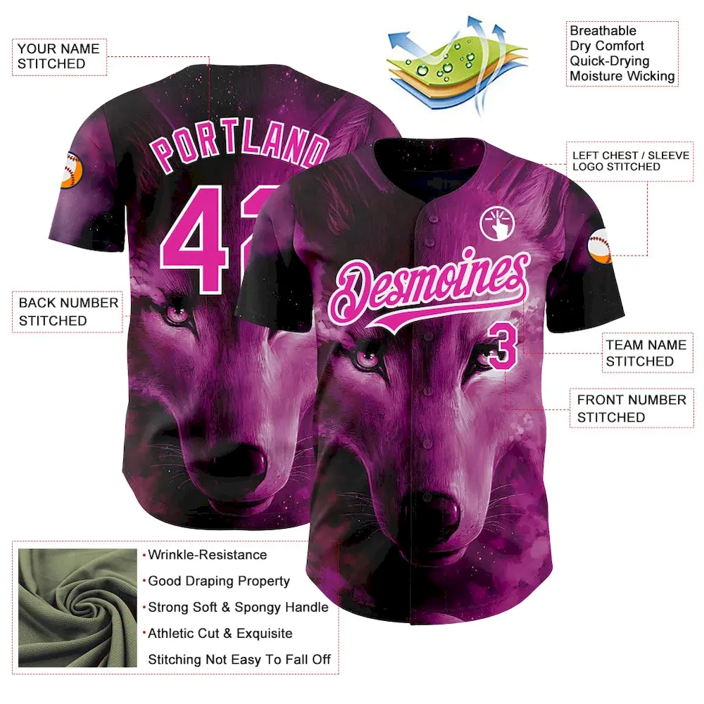 Custom Pink White 3D Pattern Design Animal Wolf Authentic Baseball Jersey - Image 3