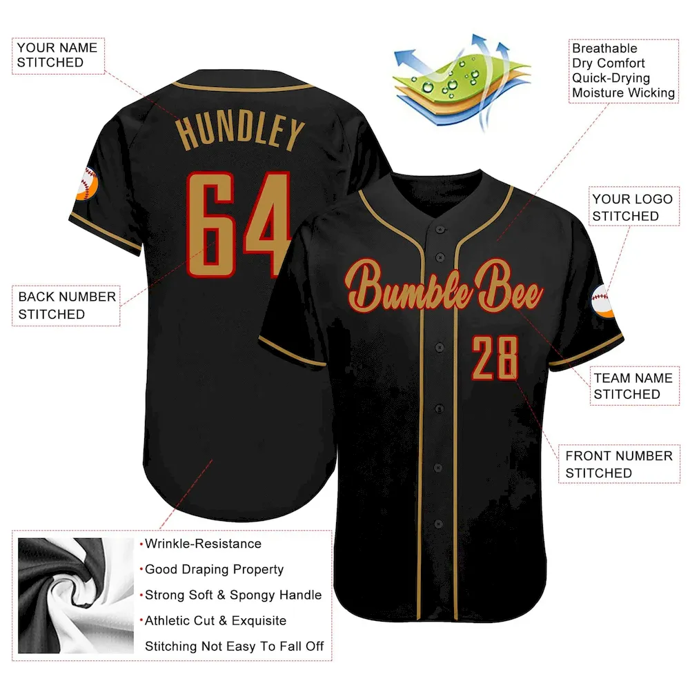 Custom Black Old Gold-Red Authentic Baseball Jersey - Image 3