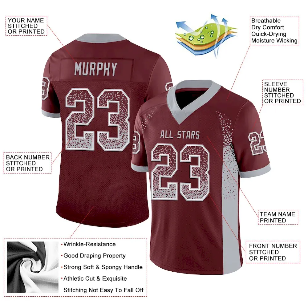 Custom Burgundy Gray-White Mesh Drift Fashion Football Jersey - Image 3
