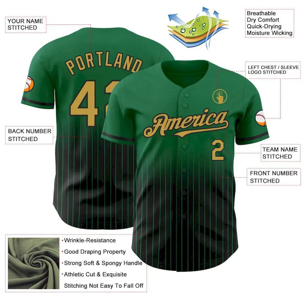 Custom Kelly Green Pinstripe Old Gold-Black Authentic Fade Fashion Baseball Jersey - Image 4