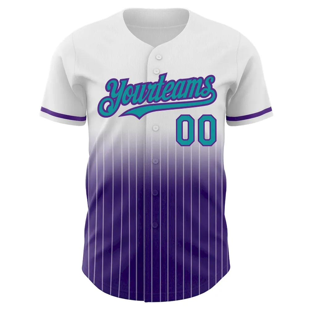 Custom White Pinstripe Teal-Purple Authentic Fade Fashion Baseball Jersey - Image 3