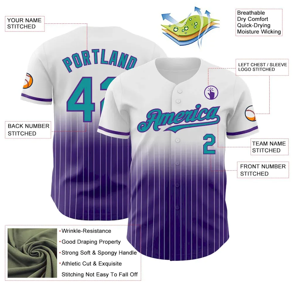 Custom White Pinstripe Teal-Purple Authentic Fade Fashion Baseball Jersey - Image 4