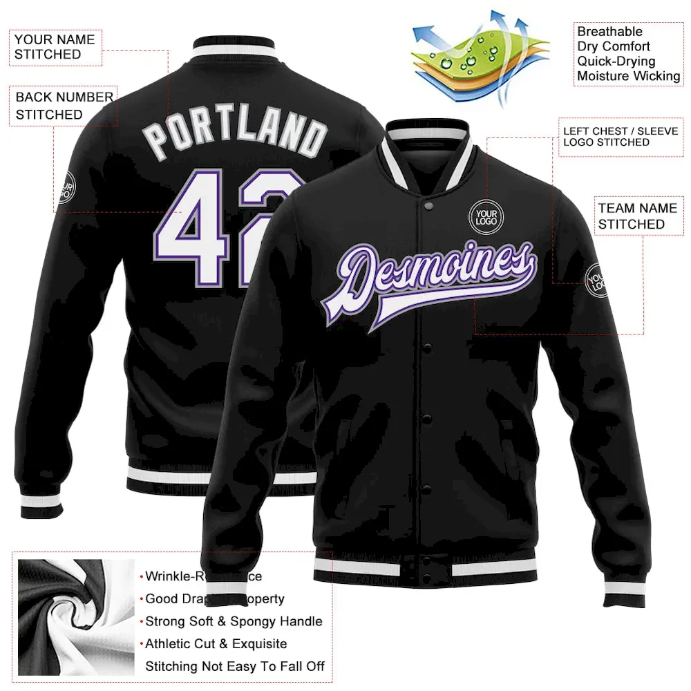 Custom Black White Purple-Gray Bomber Full-Snap Varsity Letterman Jacket - Image 3