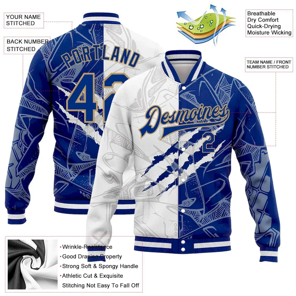 Custom Graffiti Pattern Royal-Old Gold Scratch 3D Bomber Full-Snap Varsity Letterman Jacket - Image 3