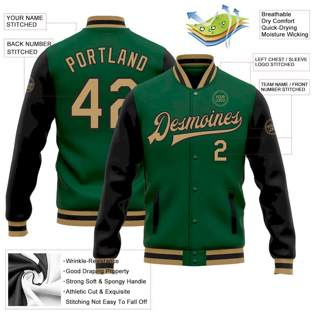 Custom Kelly Green Old Gold-Black Bomber Full-Snap Varsity Letterman Two Tone Jacket - Image 3