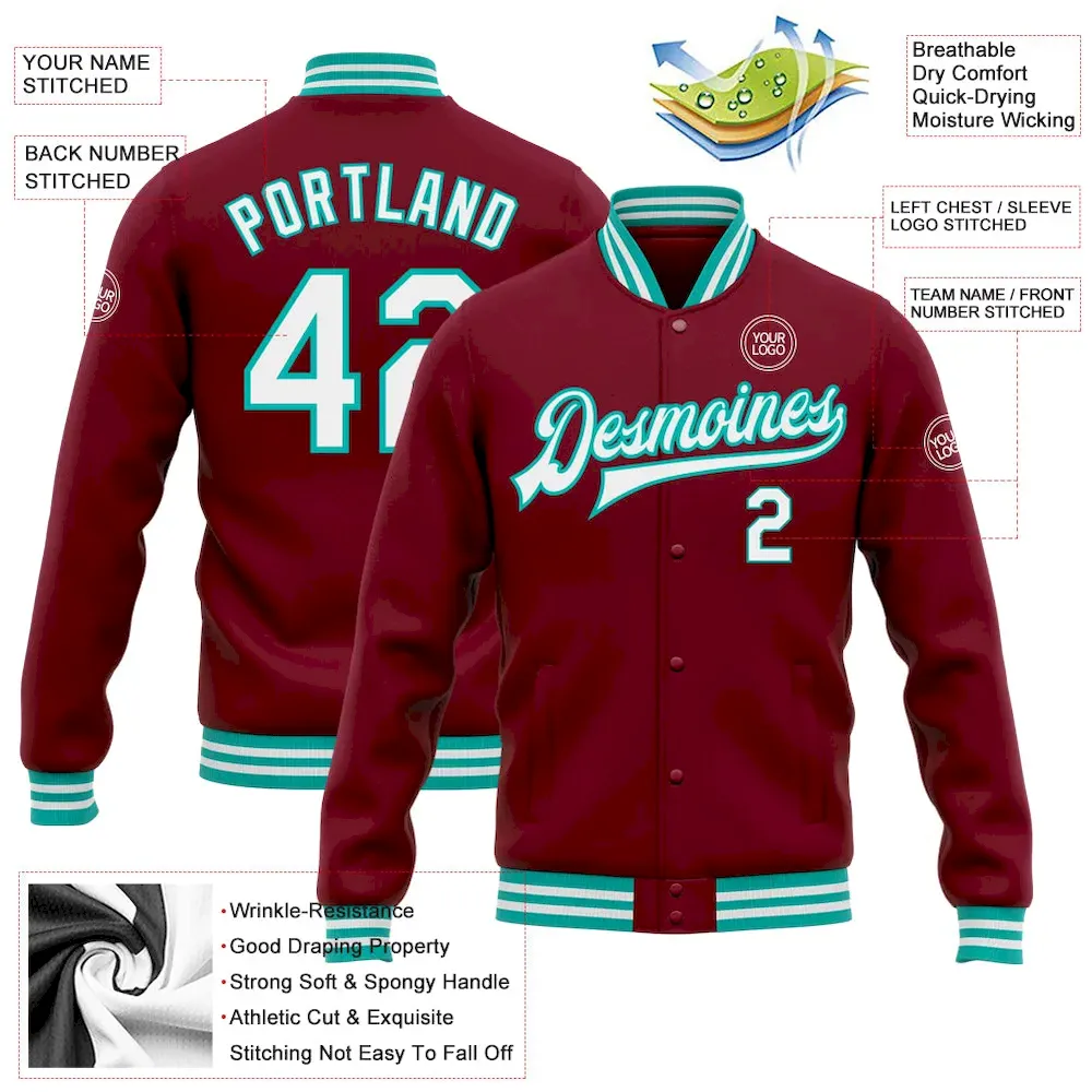 Custom Crimson White-Aqua Bomber Full-Snap Varsity Letterman Jacket - Image 3