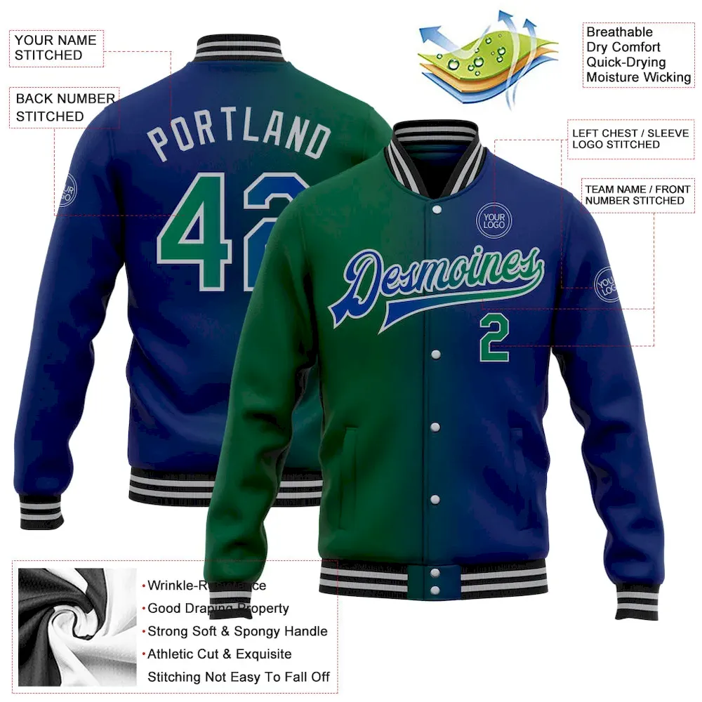 Custom Royal Kelly Green-Gray Bomber Full-Snap Varsity Letterman Gradient Fashion Jacket - Image 3