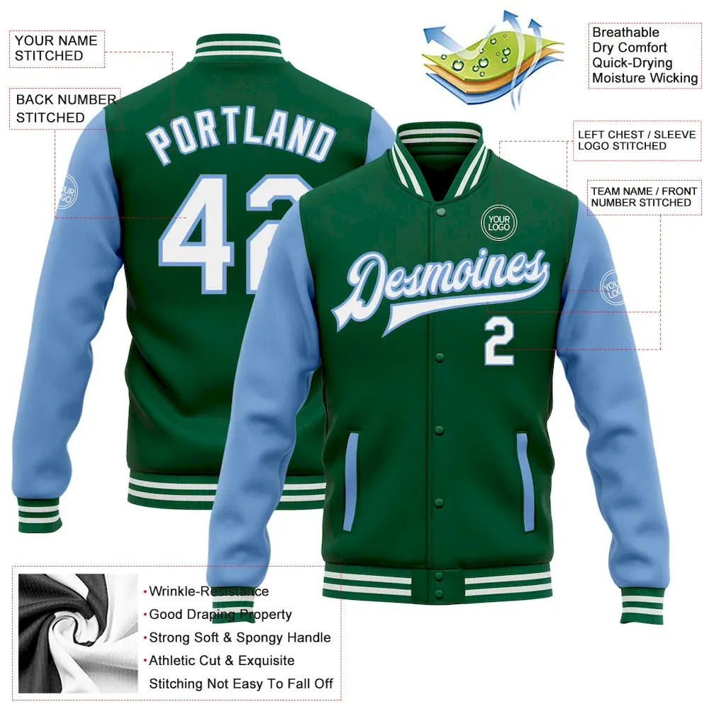 Custom Kelly Green White-Light Blue Bomber Full-Snap Varsity Letterman Two Tone Jacket - Image 3