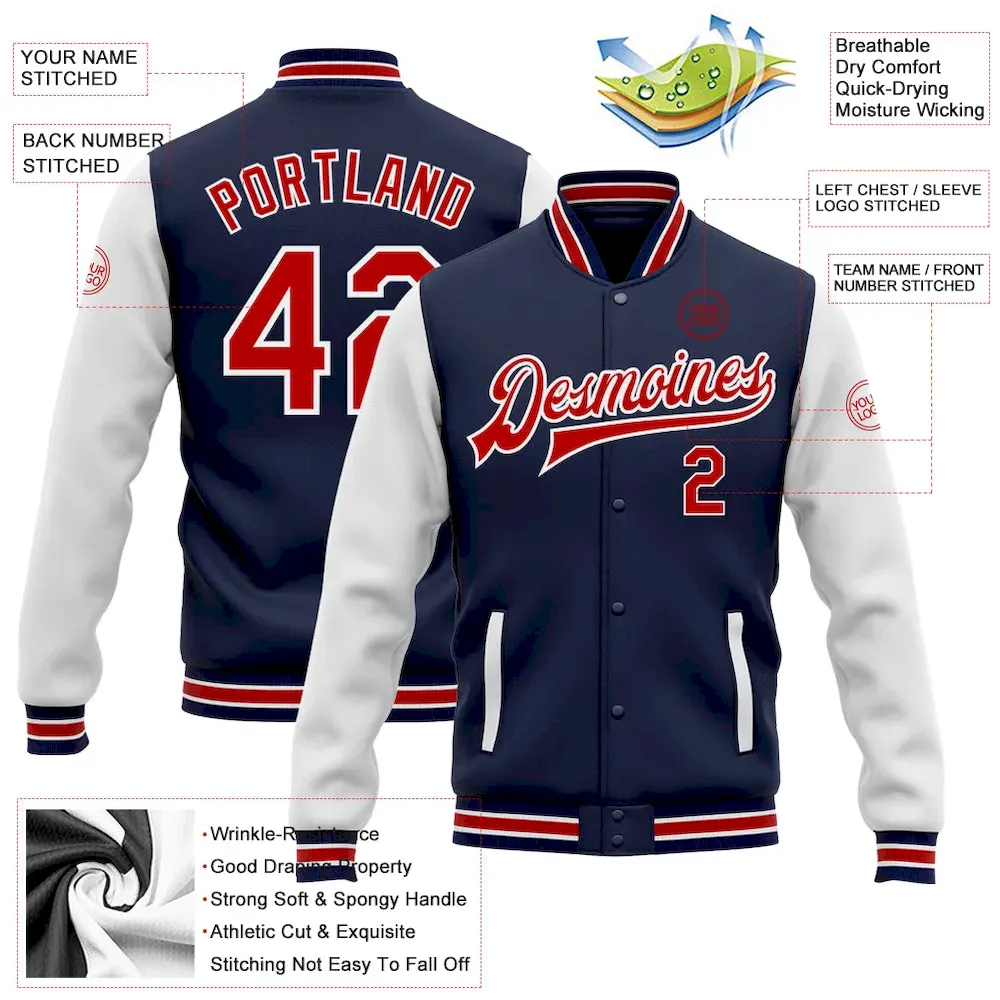 Custom Navy Red-White Bomber Full-Snap Varsity Letterman Two Tone Jacket - Image 3