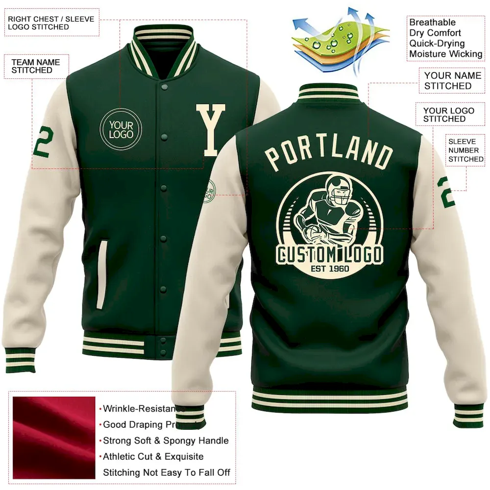 Custom Green Cream Bomber Full-Snap Varsity Letterman Two Tone Jacket - Image 3