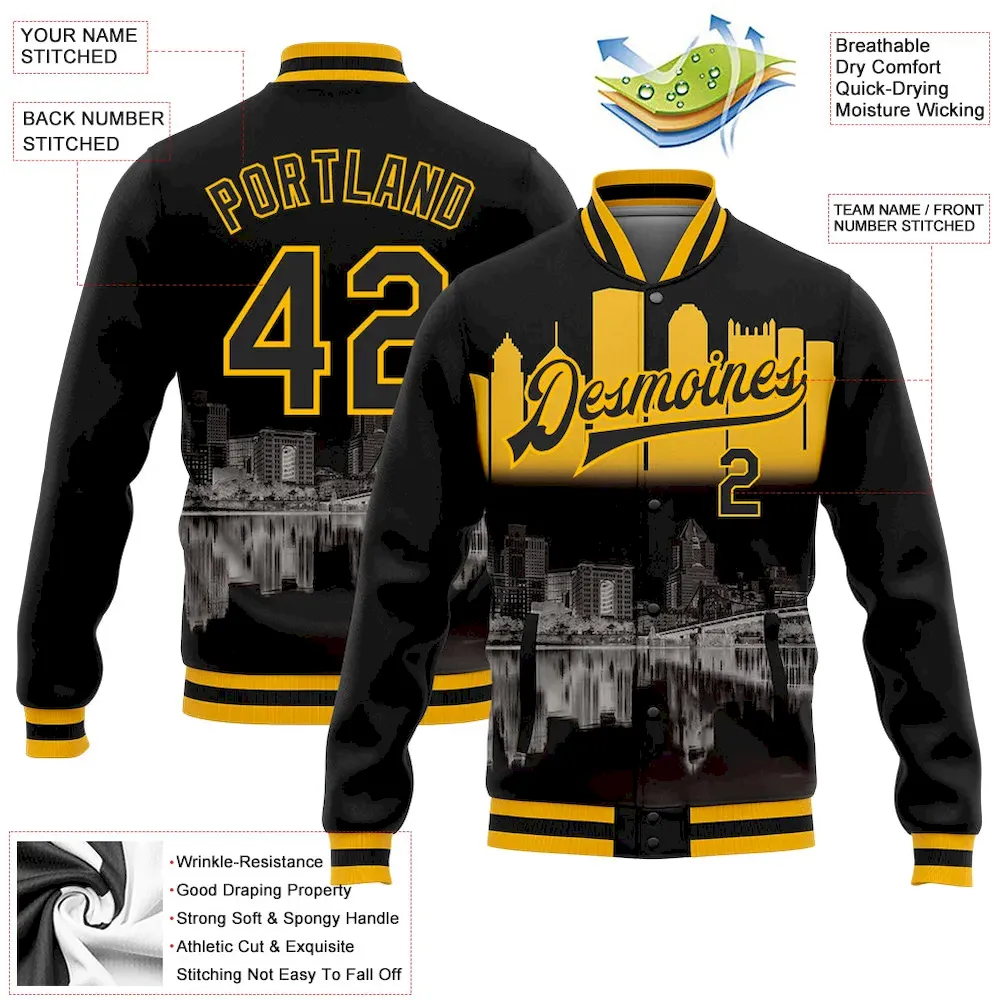 Custom Black Gold Pittsburgh Pennsylvania City Edition 3D Bomber Full-Snap Varsity Letterman Jacket - Image 3