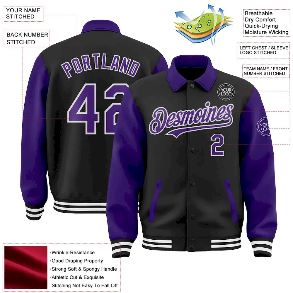 Custom Black Purple-White Bomber Full-Snap Varsity Letterman Two Tone Lapel Collar Byron Jacket - Image 3
