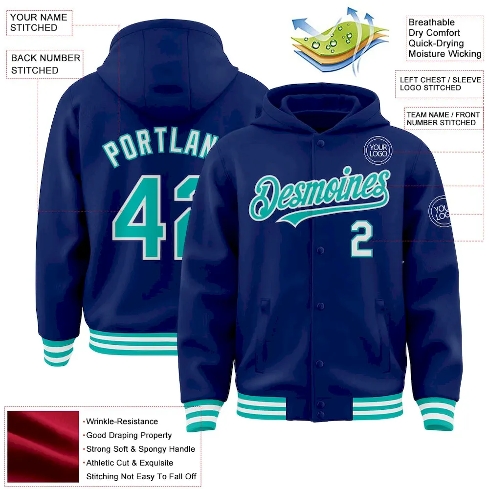 Custom Royal Aqua-White Bomber Full-Snap Varsity Letterman Hoodie Jacket - Image 3