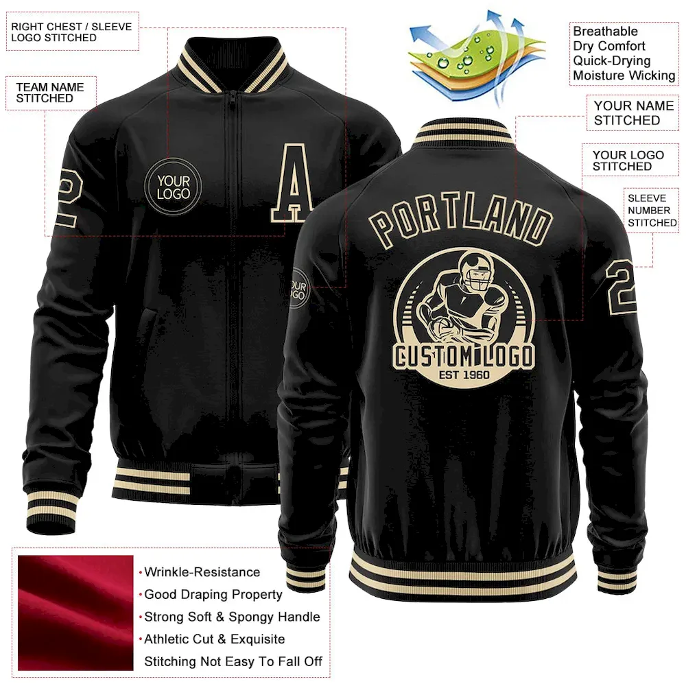 Custom Black Cream Bomber Varsity Letterman Zipper Jacket - Image 3