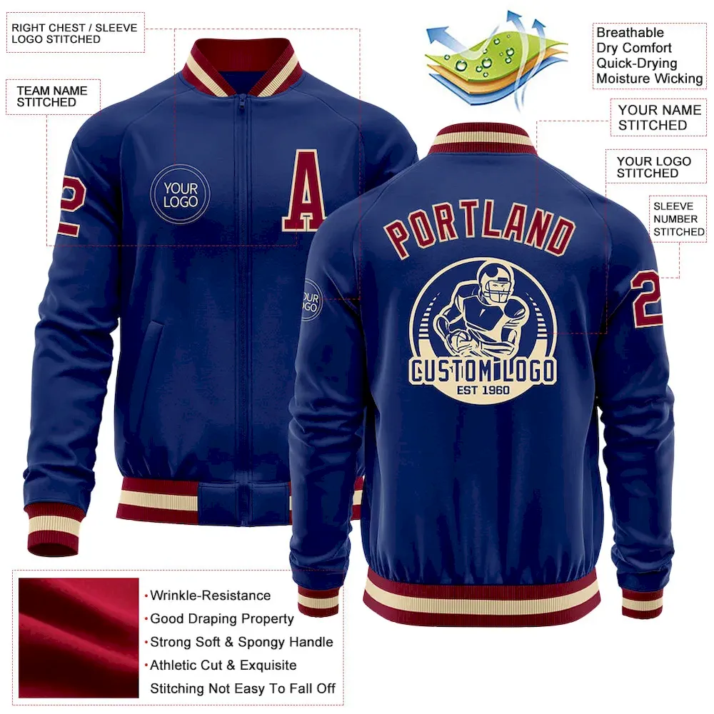 Custom Royal Maroon-Cream Bomber Varsity Letterman Zipper Jacket - Image 3