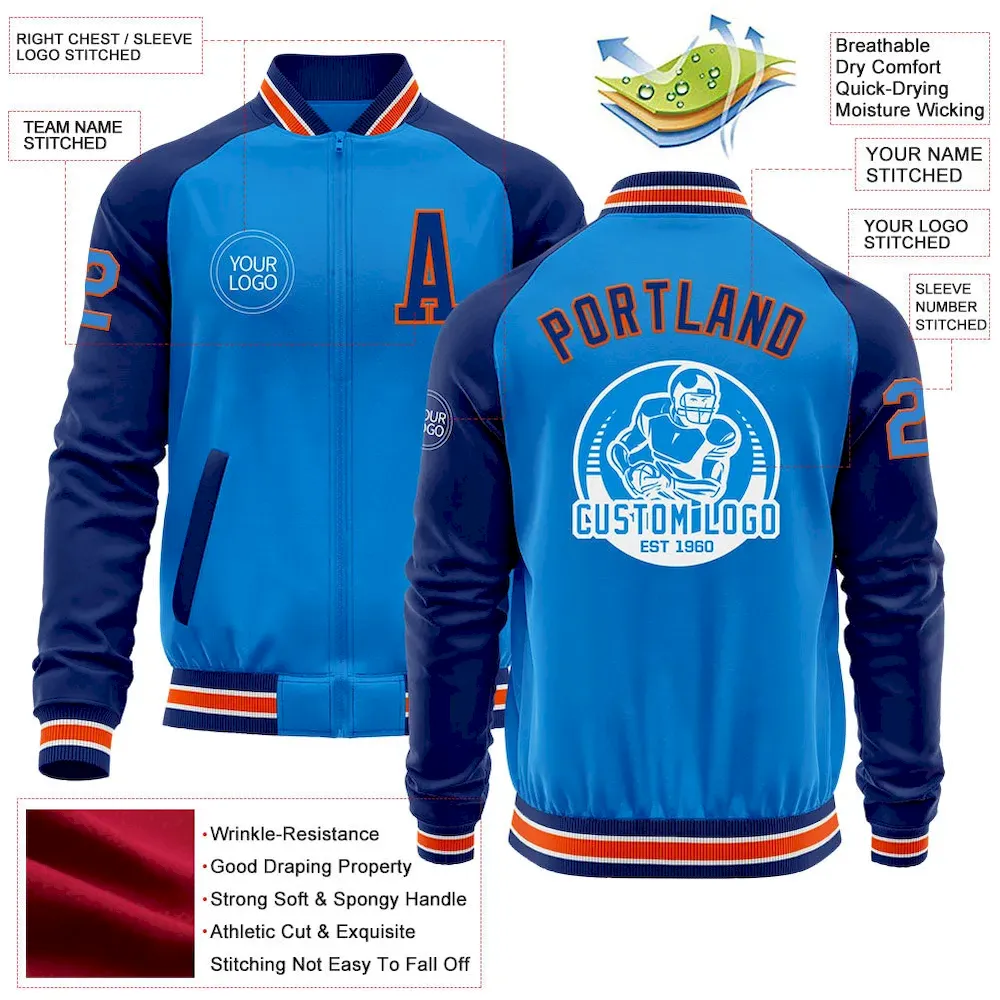 Custom Powder Blue Orange-Royal Bomber Varsity Letterman Two Tone Zipper Jacket - Image 3