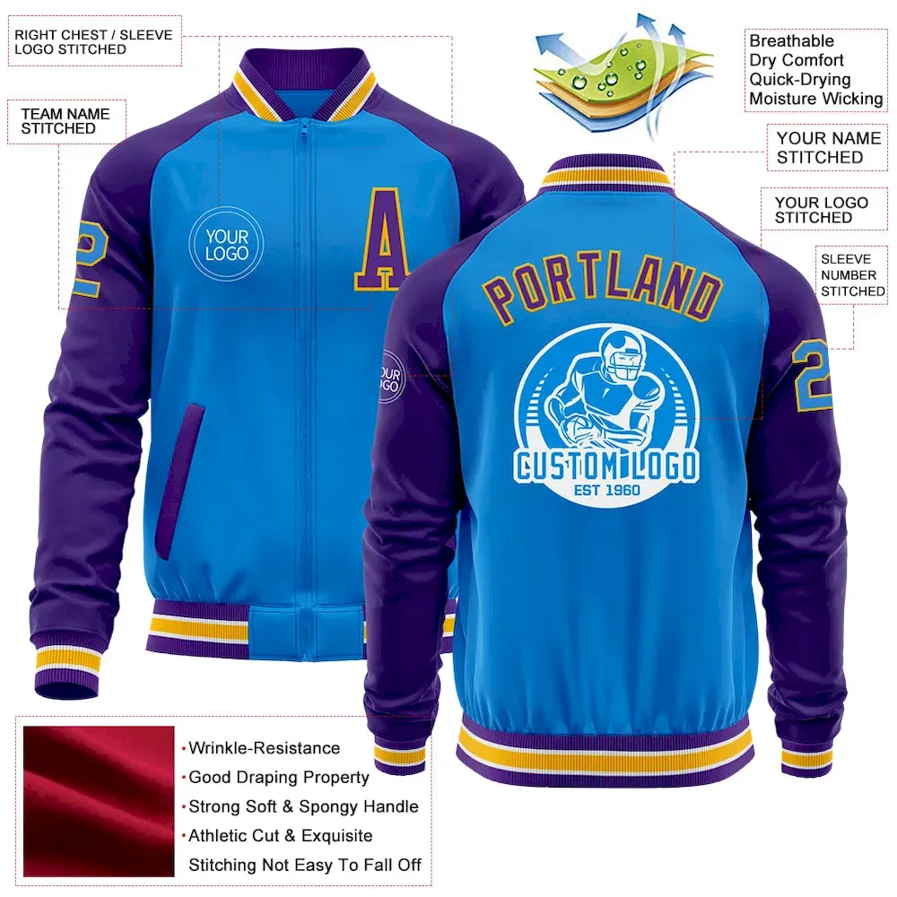 Custom Powder Blue Gold-Purple Bomber Varsity Letterman Two Tone Zipper Jacket - Image 3
