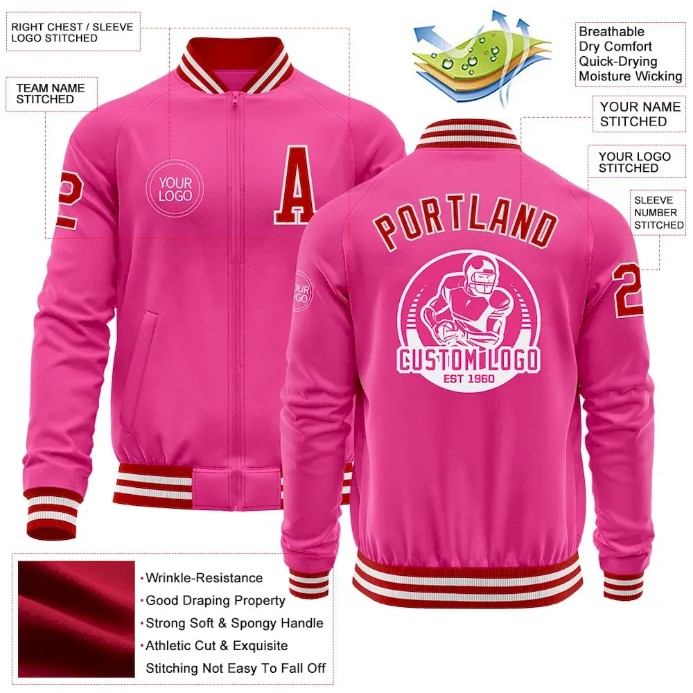 Custom Pink Red-White Bomber Varsity Letterman Zipper Jacket - Image 3