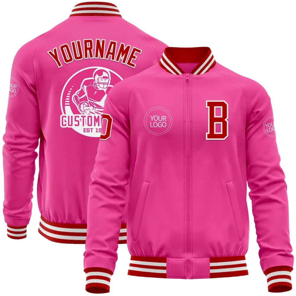 Custom Pink Red-White Bomber Varsity Letterman Zipper Jacket
