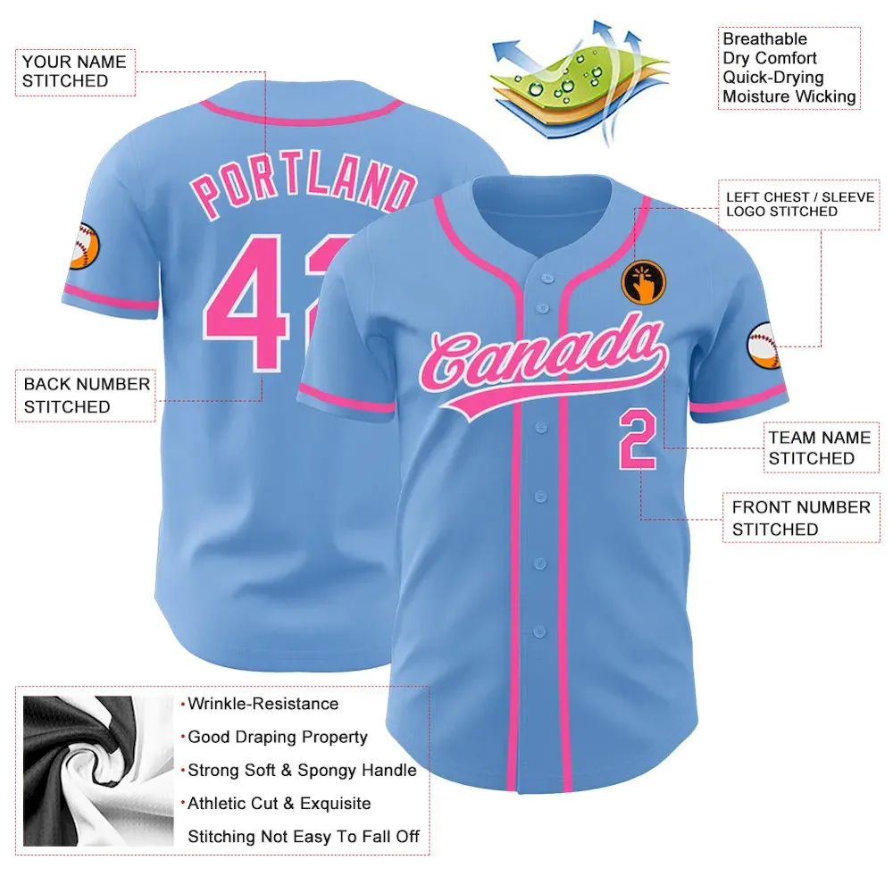 Custom Light Blue Pink-White Authentic Baseball Jersey - Image 3