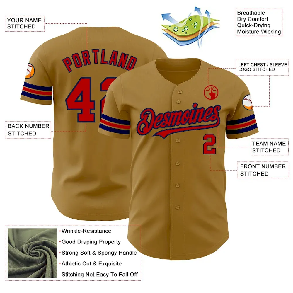 Custom Old Gold Red-Navy Authentic Baseball Jersey - Image 3