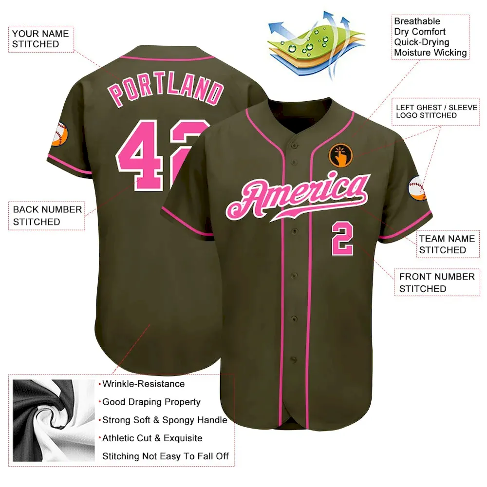 Custom Olive Pink-White Authentic Salute To Service Baseball Jersey - Image 3