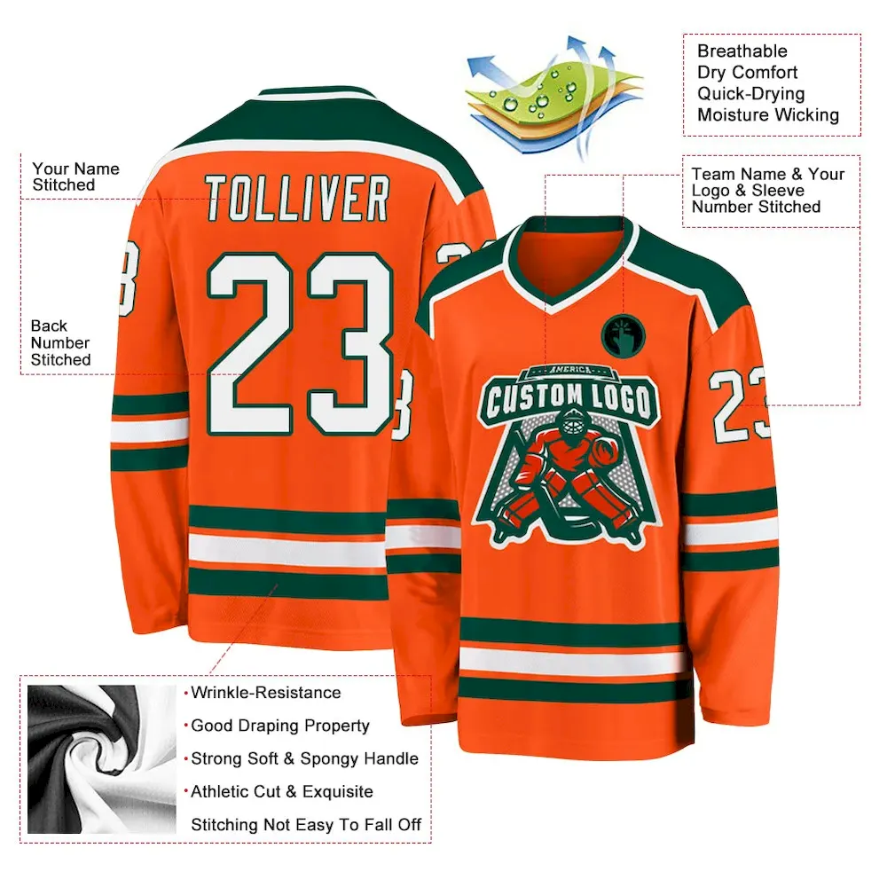Custom Orange White-Green Hockey Jersey - Image 3