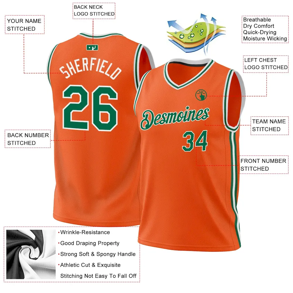 Custom Orange Kelly Green-White Authentic Throwback Basketball Jersey - Image 3