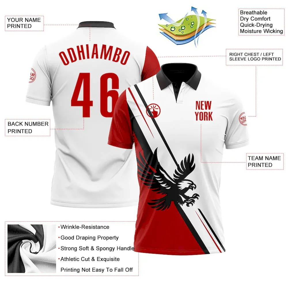 Custom White Red-Black 3D Pattern Design Animal Eagle Performance Polo Shirt - Image 3