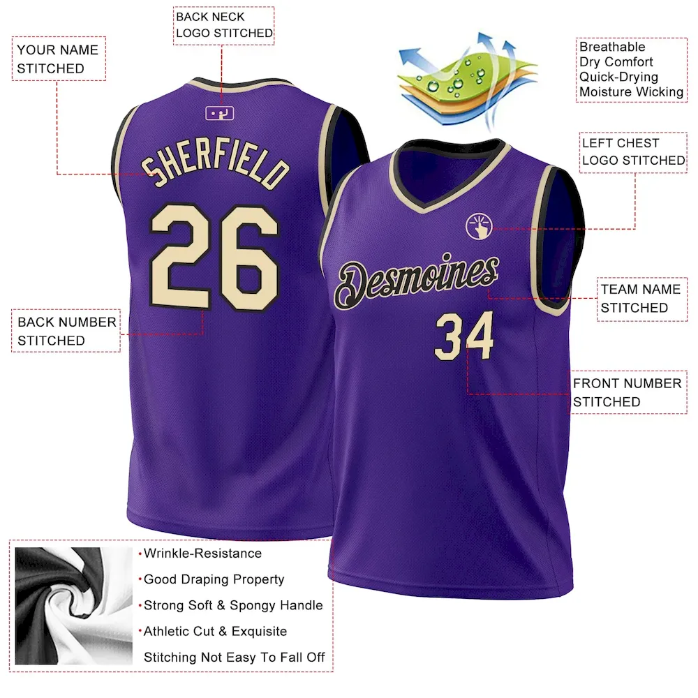 Custom Purple Cream-Black Authentic Throwback Basketball Jersey - Image 3