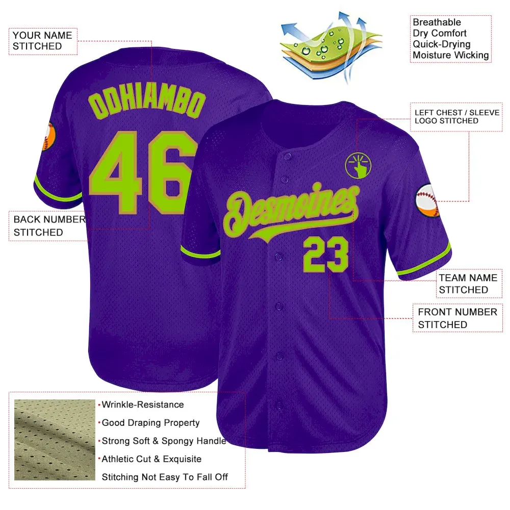 Custom Purple Neon Green-Old Gold Mesh Authentic Throwback Baseball Jersey - Image 3