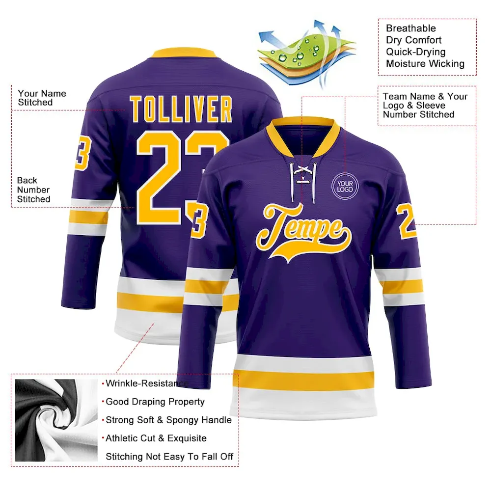 Custom Purple Gold-White Hockey Lace Neck Jersey - Image 3