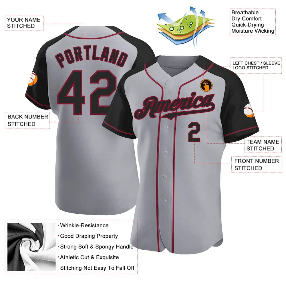 Custom Gray Black-Crimson Authentic Raglan Sleeves Baseball Jersey - Image 3