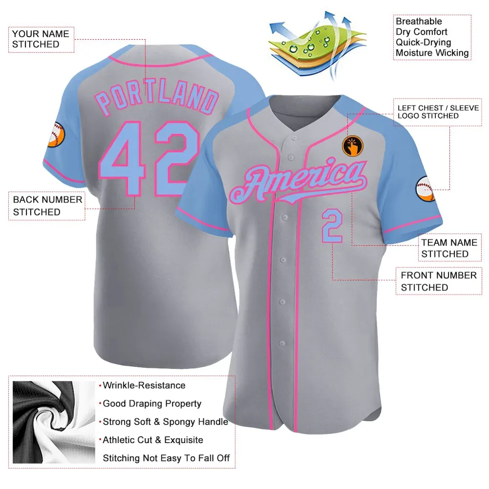 Custom Gray Light Blue-Pink Authentic Raglan Sleeves Baseball Jersey - Image 3