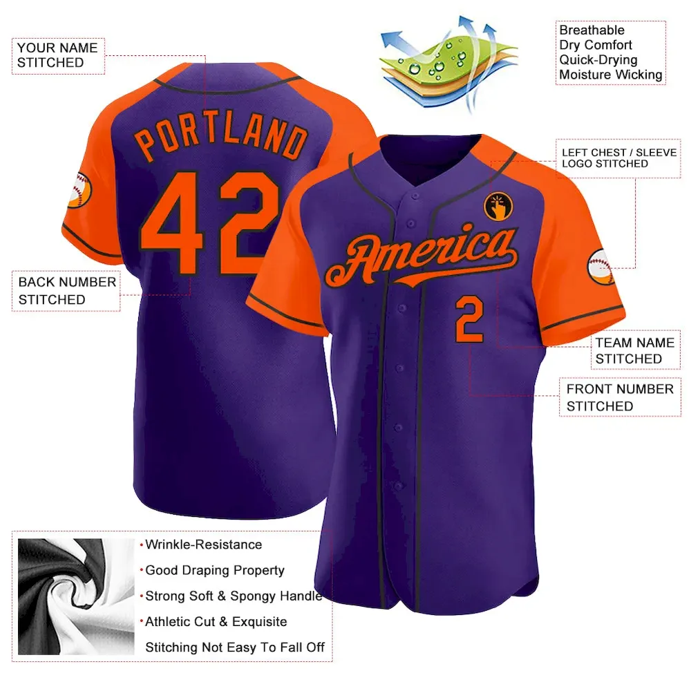 Custom Purple Orange-Black Authentic Raglan Sleeves Baseball Jersey - Image 3