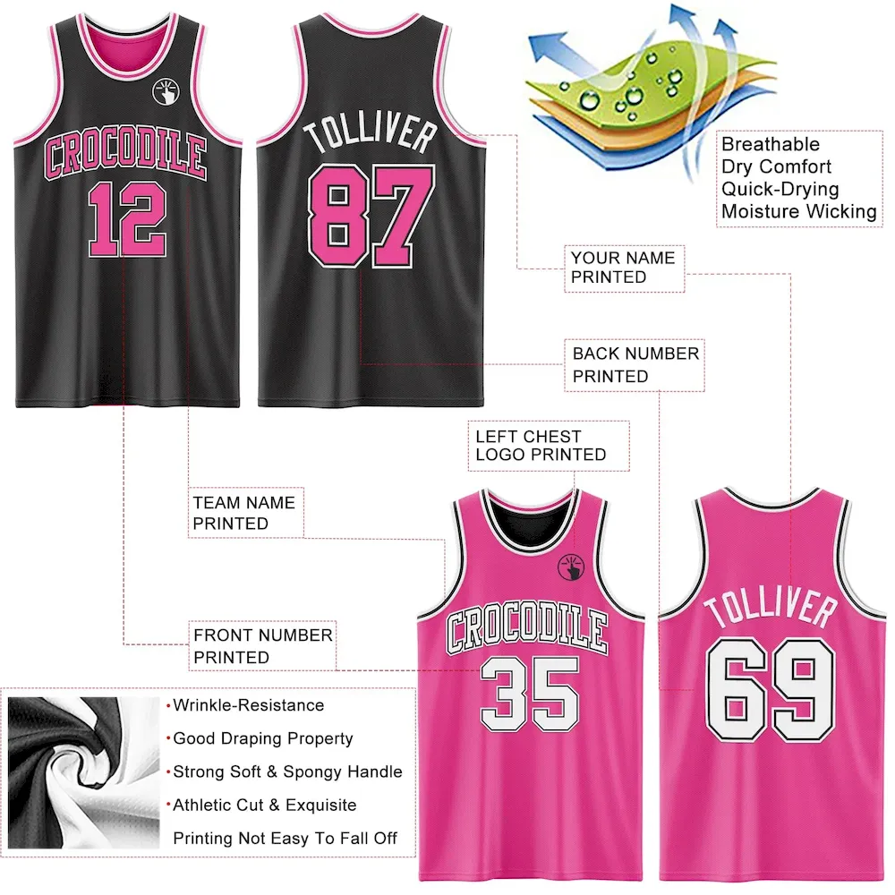 Custom Reversible Black Pink-White Double Side Basketball Jersey - Image 5