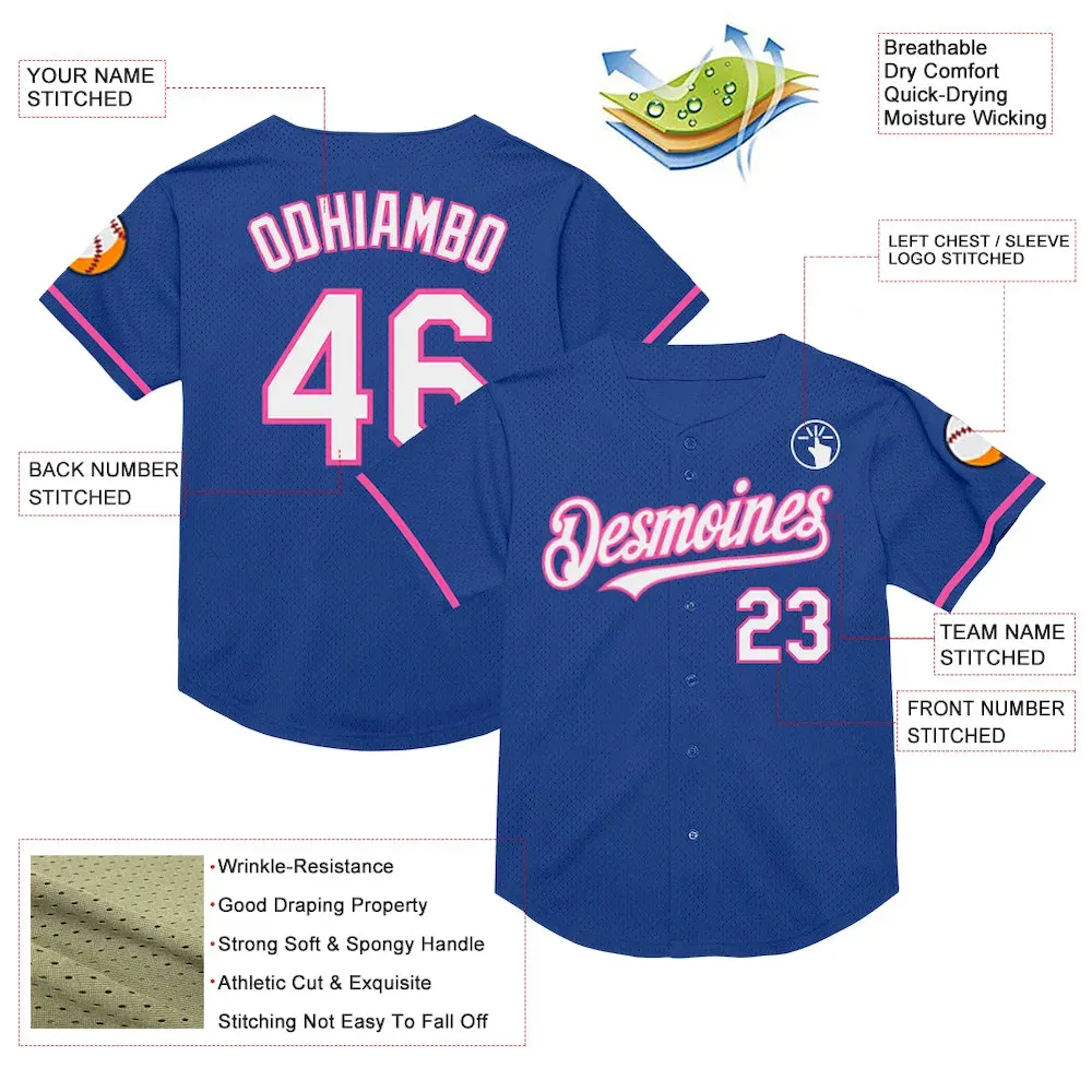 Custom Royal White-Pink Mesh Authentic Throwback Baseball Jersey - Image 3