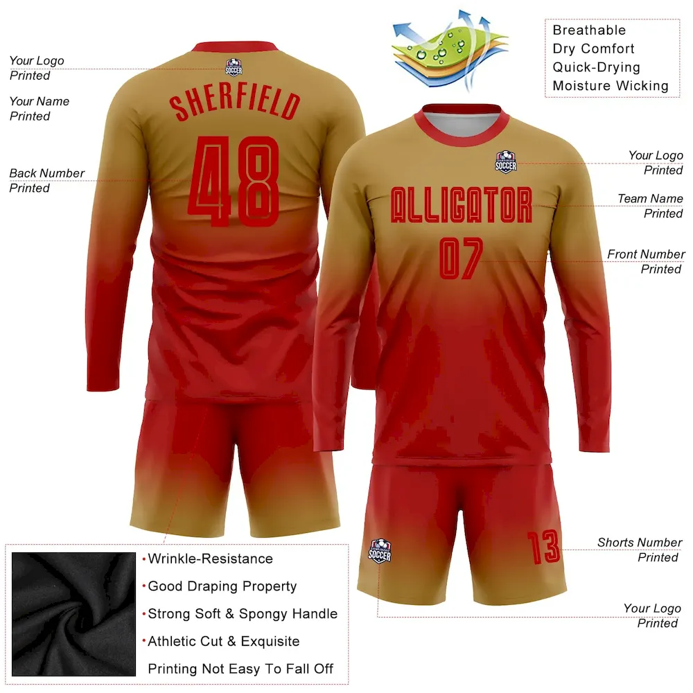 Custom Old Gold Red Sublimation Long Sleeve Fade Fashion Soccer Uniform Jersey - Image 3