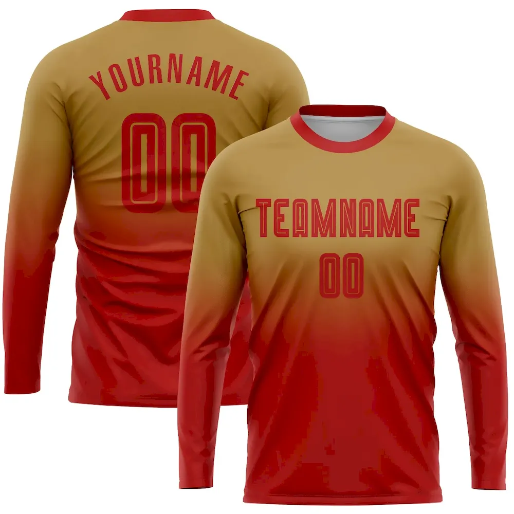 Custom Old Gold Red Sublimation Long Sleeve Fade Fashion Soccer Uniform Jersey
