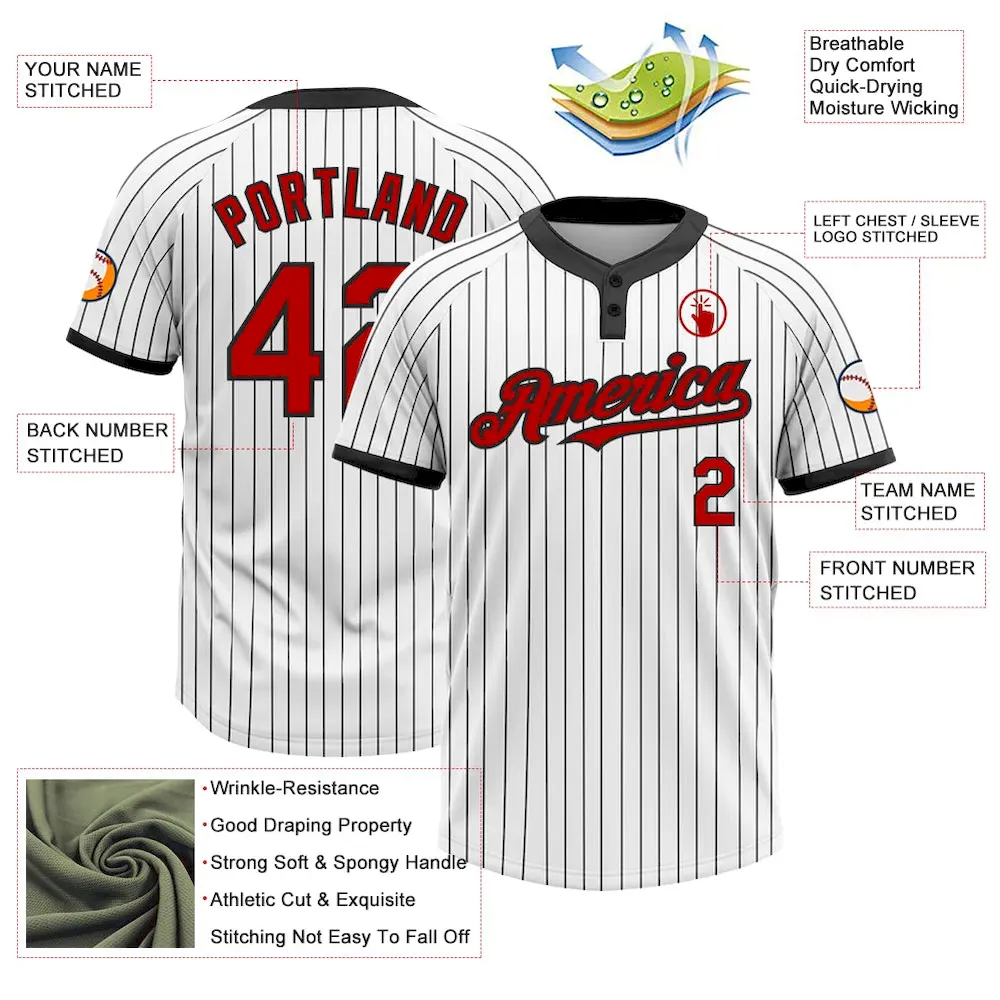 Custom White Black Pinstripe Red Two-Button Unisex Softball Jersey - Image 3