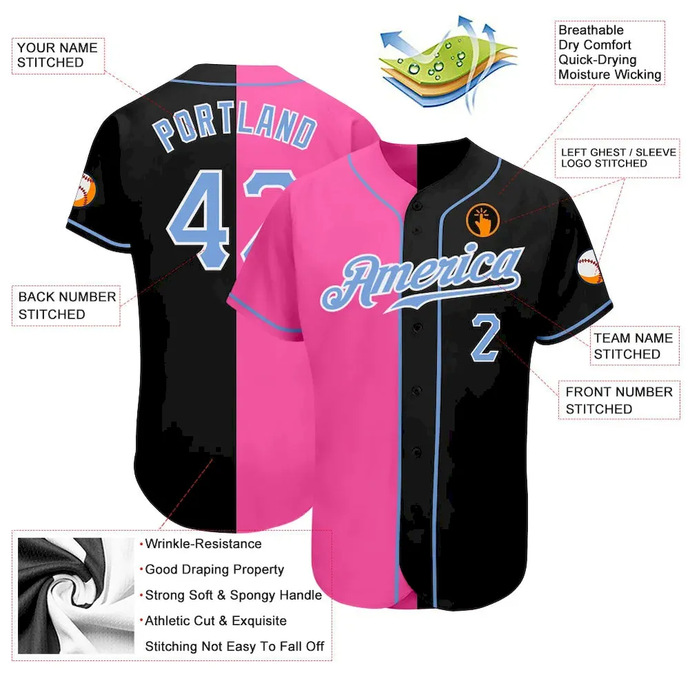 Custom Black Light Blue-Pink Authentic Split Fashion Baseball Jersey - Image 3