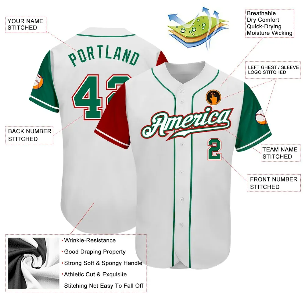 Custom White Kelly Green-Red Authentic Two Tone Baseball Jersey - Image 3