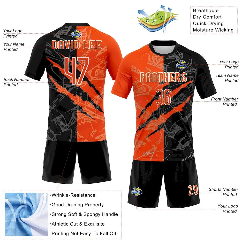 Custom Graffiti Pattern Orange-Black Scratch Sublimation Volleyball Uniform Jersey - Image 4