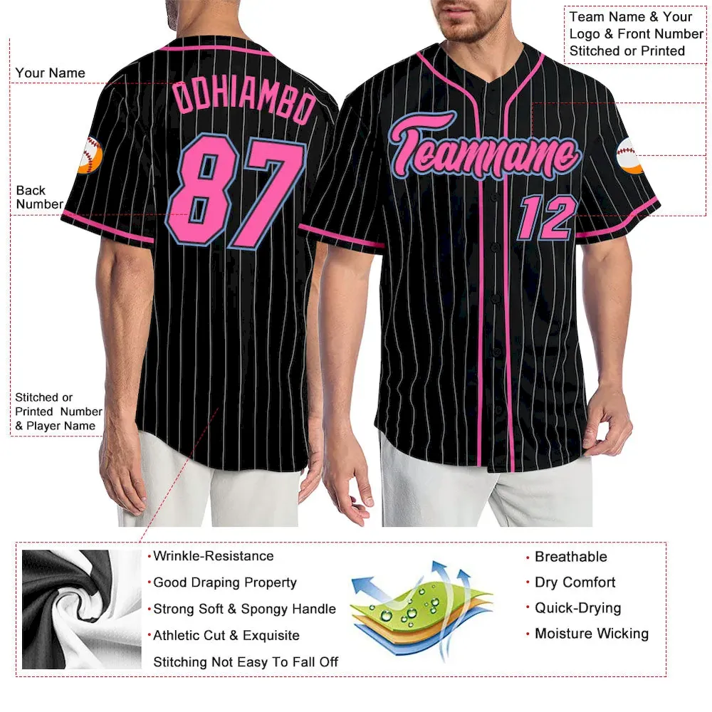 Custom Black White Pinstripe Pink-Light Blue Authentic Baseball Jersey - Image 3