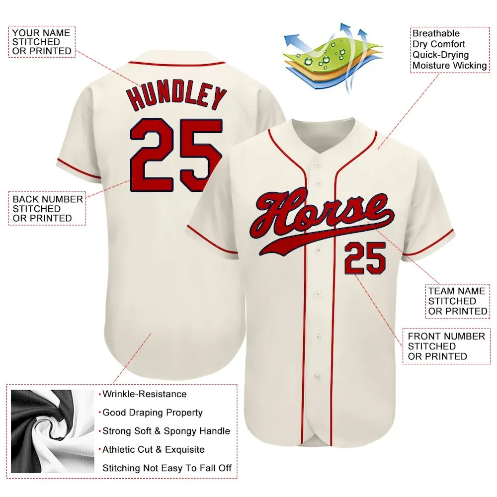 Custom Cream Red-Navy Authentic Baseball Jersey - Image 3